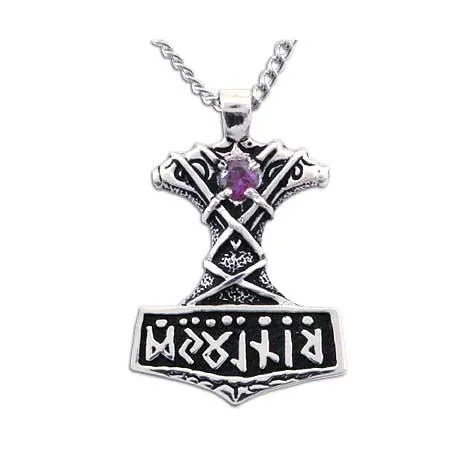 Gold Ornate Thor's Hammer Necklace with Gemstone