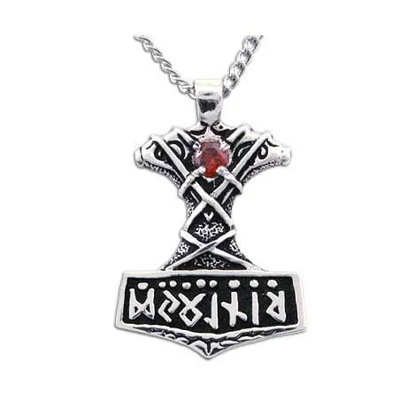 Gold Ornate Thor's Hammer Necklace with Gemstone