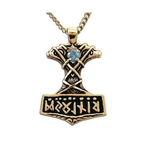 Gold Ornate Thor's Hammer Necklace with Gemstone