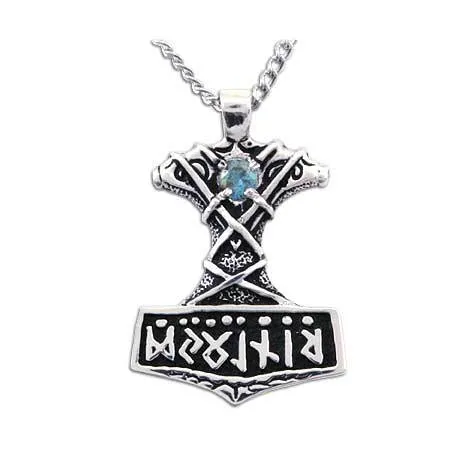 Gold Ornate Thor's Hammer Necklace with Gemstone