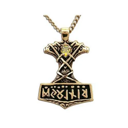 Gold Ornate Thor's Hammer Necklace with Gemstone