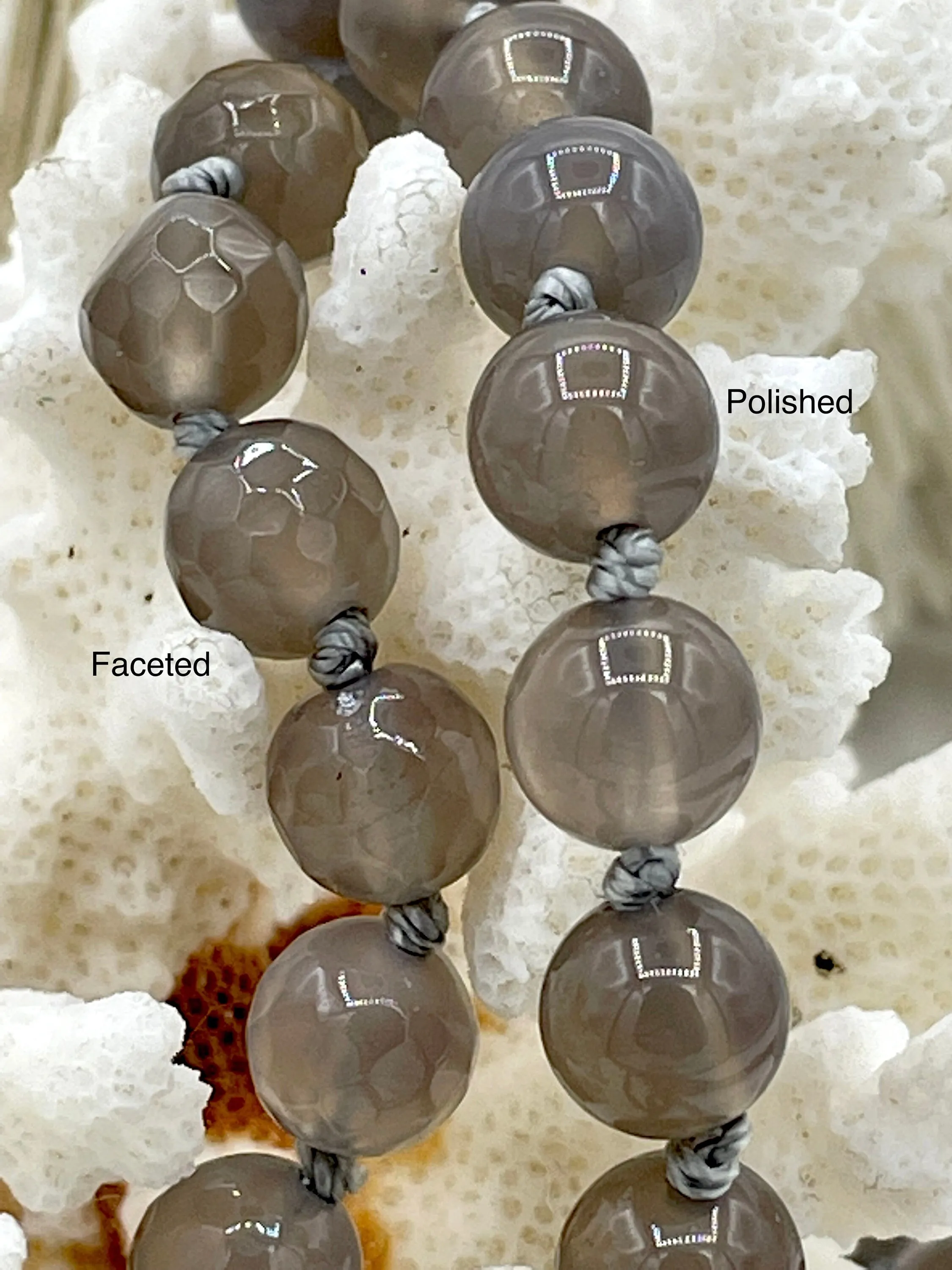 GRAY AGATE Hand Knotted Gemstone Necklace, 36"  Agate, 8mm Polished finish with Gray thread. Fast ship