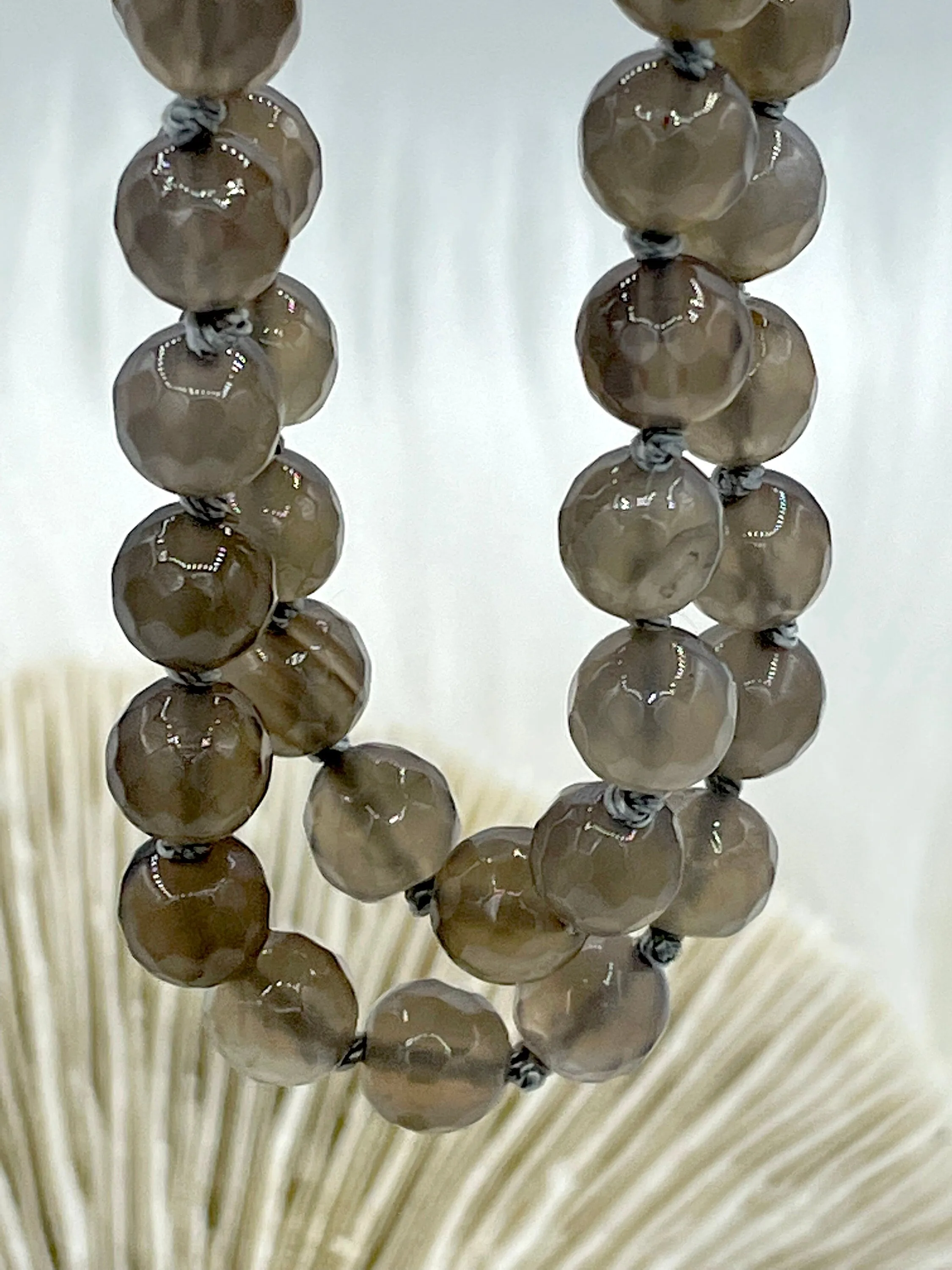 GRAY AGATE Hand Knotted Gemstone Necklace, 36"  Agate, 8mm Polished finish with Gray thread. Fast ship