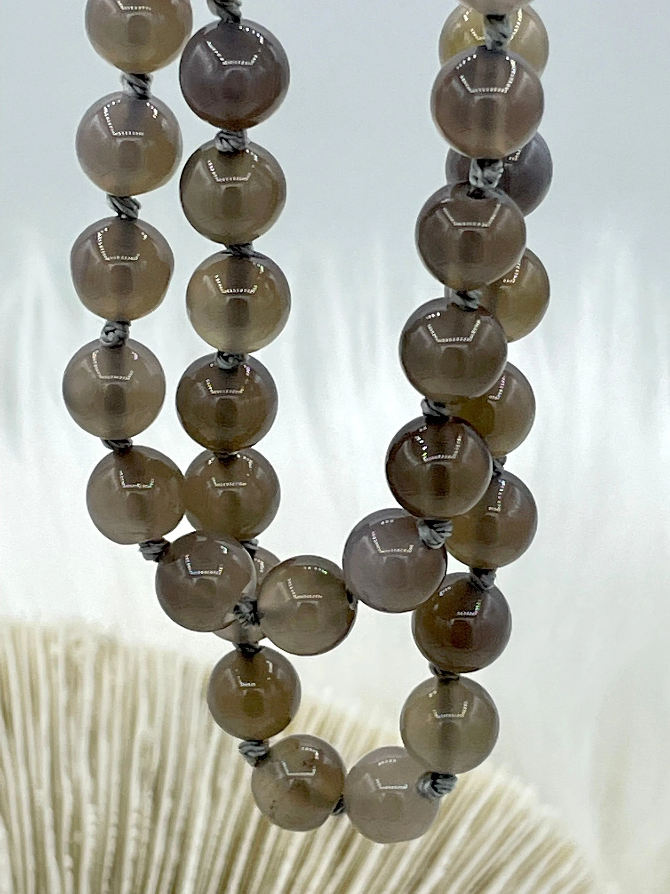 GRAY AGATE Hand Knotted Gemstone Necklace, 36"  Agate, 8mm Polished finish with Gray thread. Fast ship