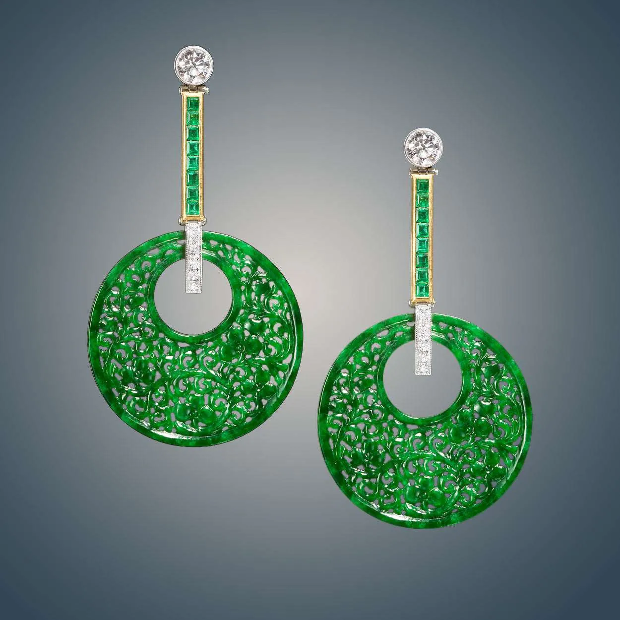 Green Jade Emerald & Diamond Platinum Earrings