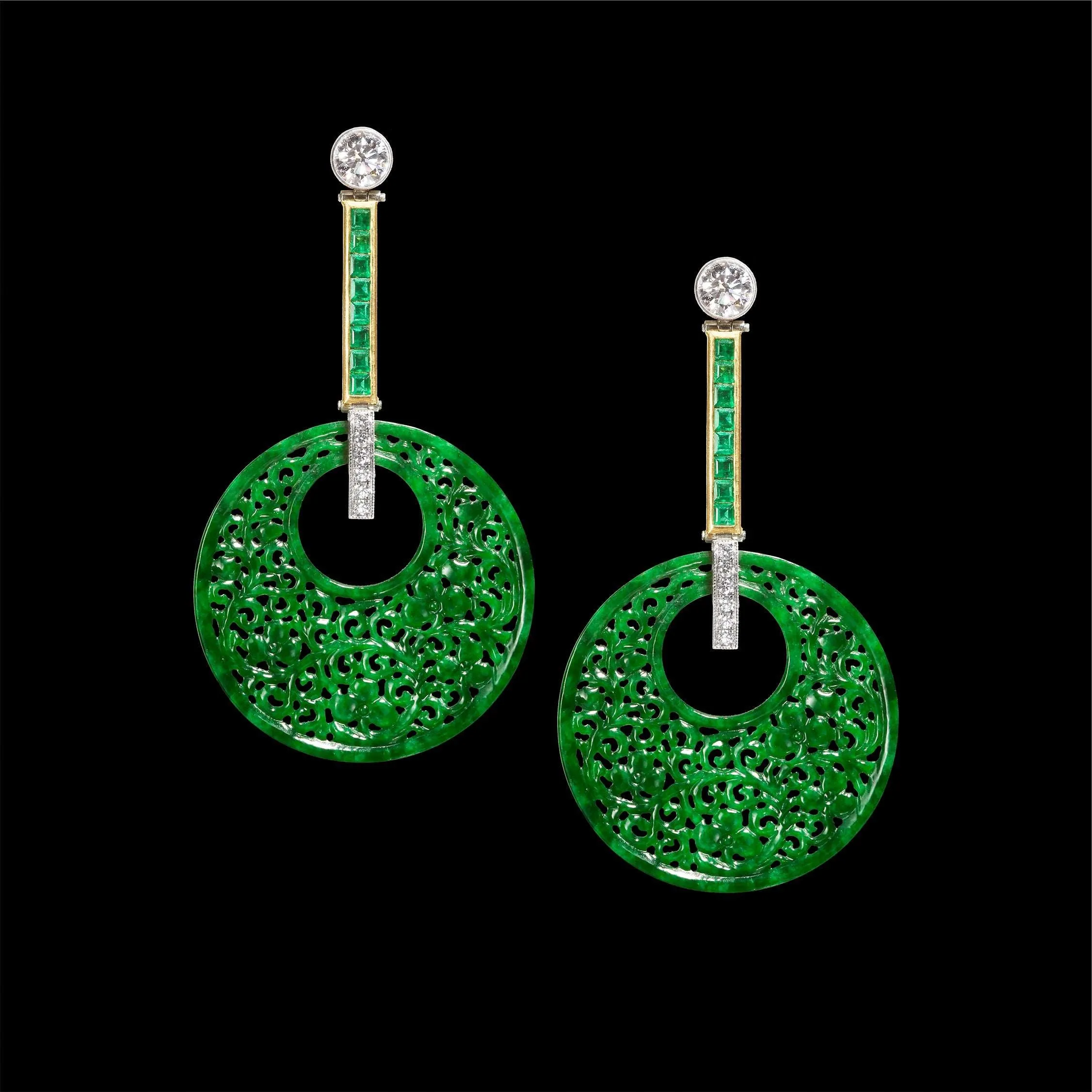 Green Jade Emerald & Diamond Platinum Earrings