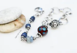Handcrafted Jewelry. Silver Beaded Bracelet. Blue Kyanite. Bali Silver. Handcrafted Chain. Indigo Blue Bracelet. Indonesian Glass Beads.