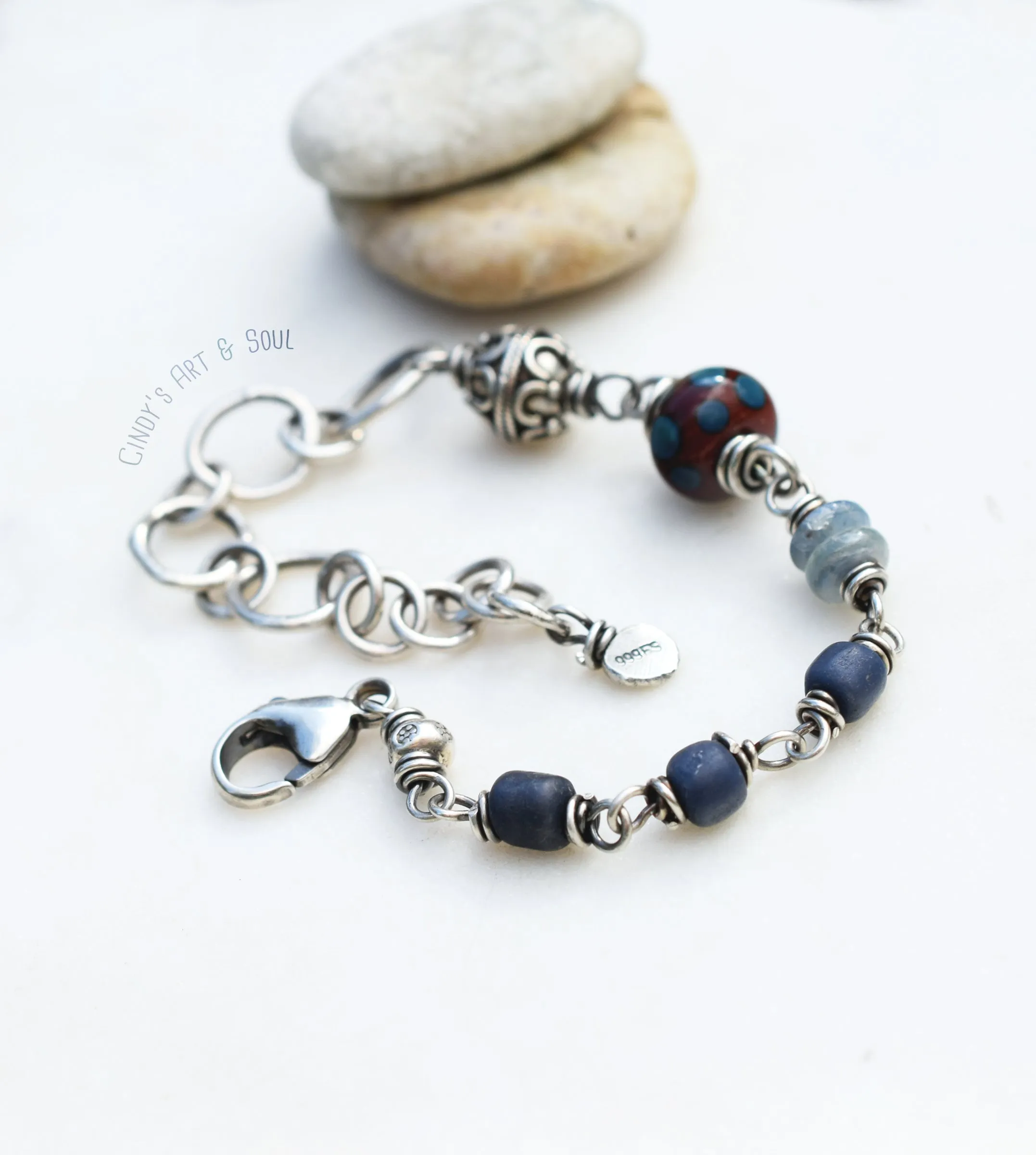 Handcrafted Jewelry. Silver Beaded Bracelet. Blue Kyanite. Bali Silver. Handcrafted Chain. Indigo Blue Bracelet. Indonesian Glass Beads.