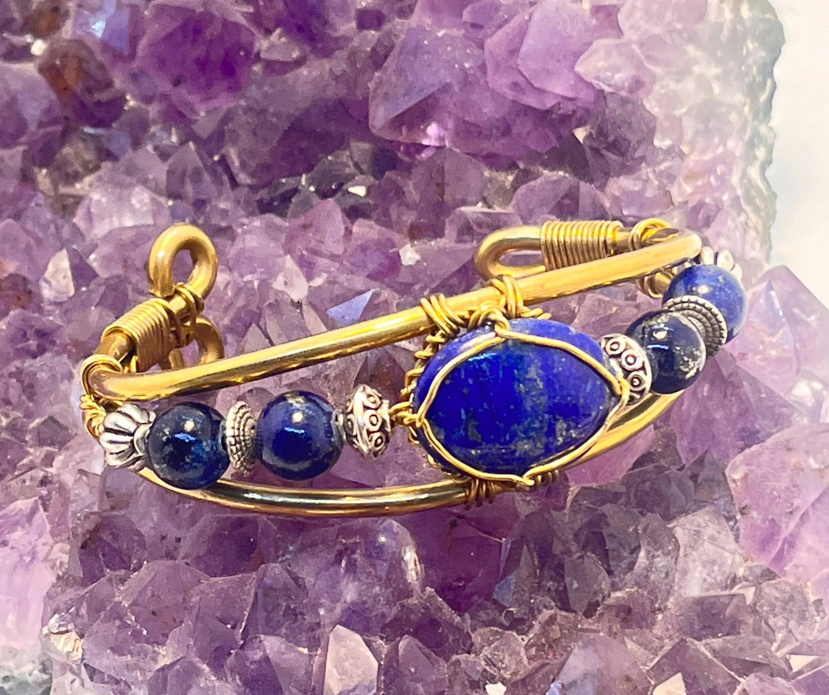 Lapis Lazuli with Lapis Side Stones Handmade Wirewrapped Bracelet