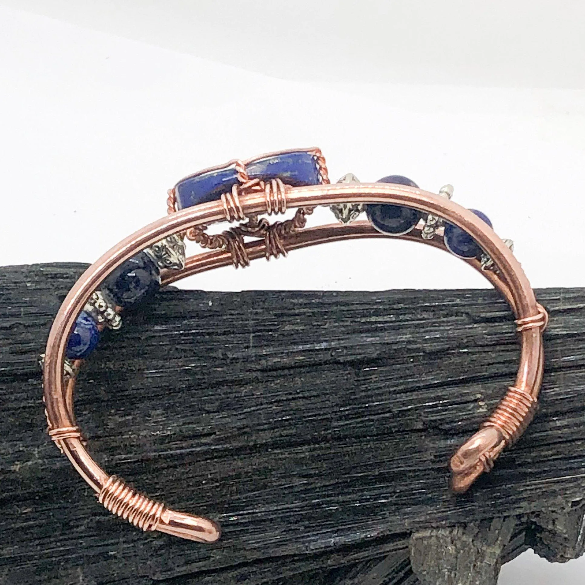 Lapis Lazuli with Lapis Side Stones Handmade Wirewrapped Bracelet