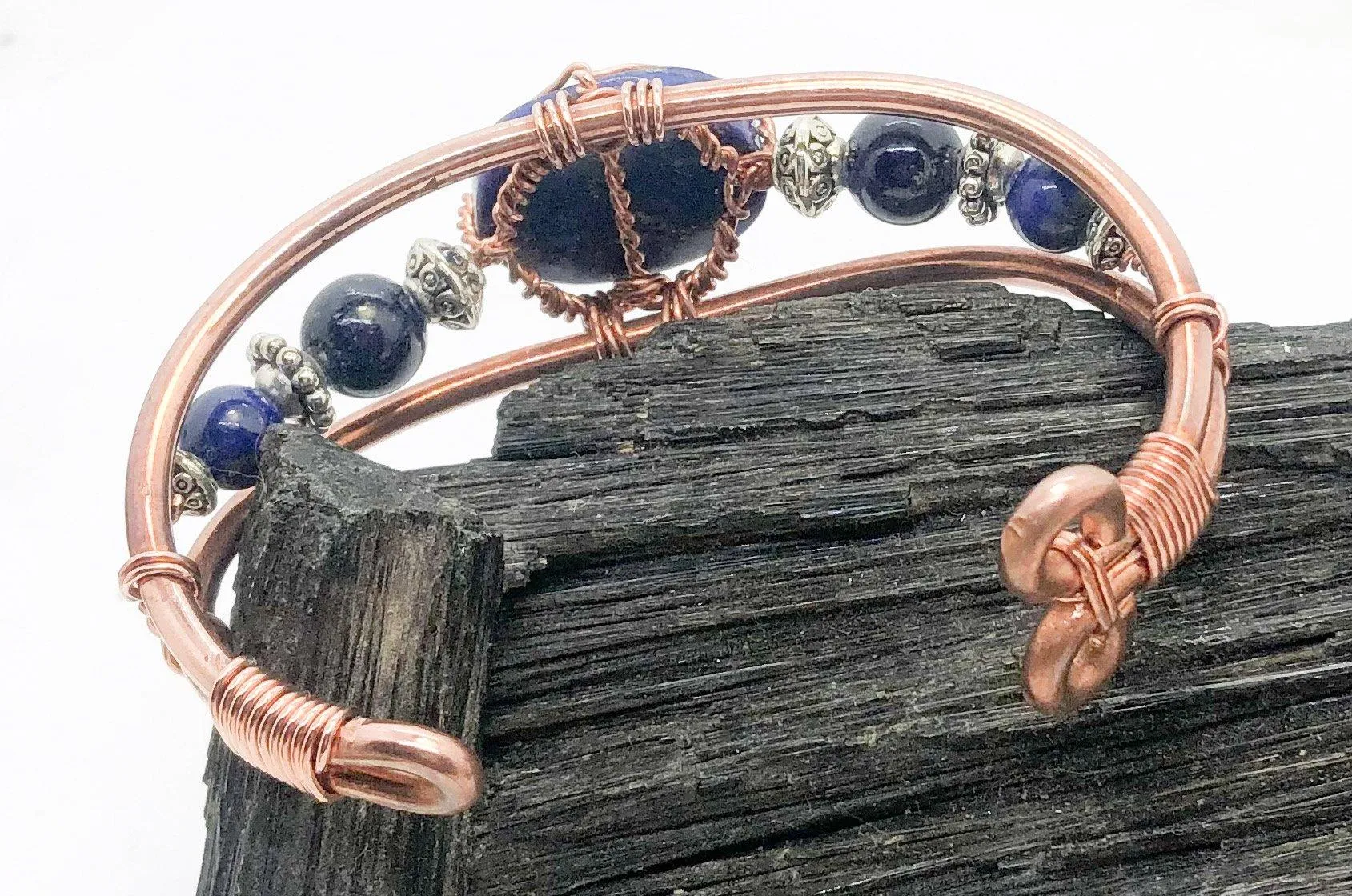 Lapis Lazuli with Lapis Side Stones Handmade Wirewrapped Bracelet