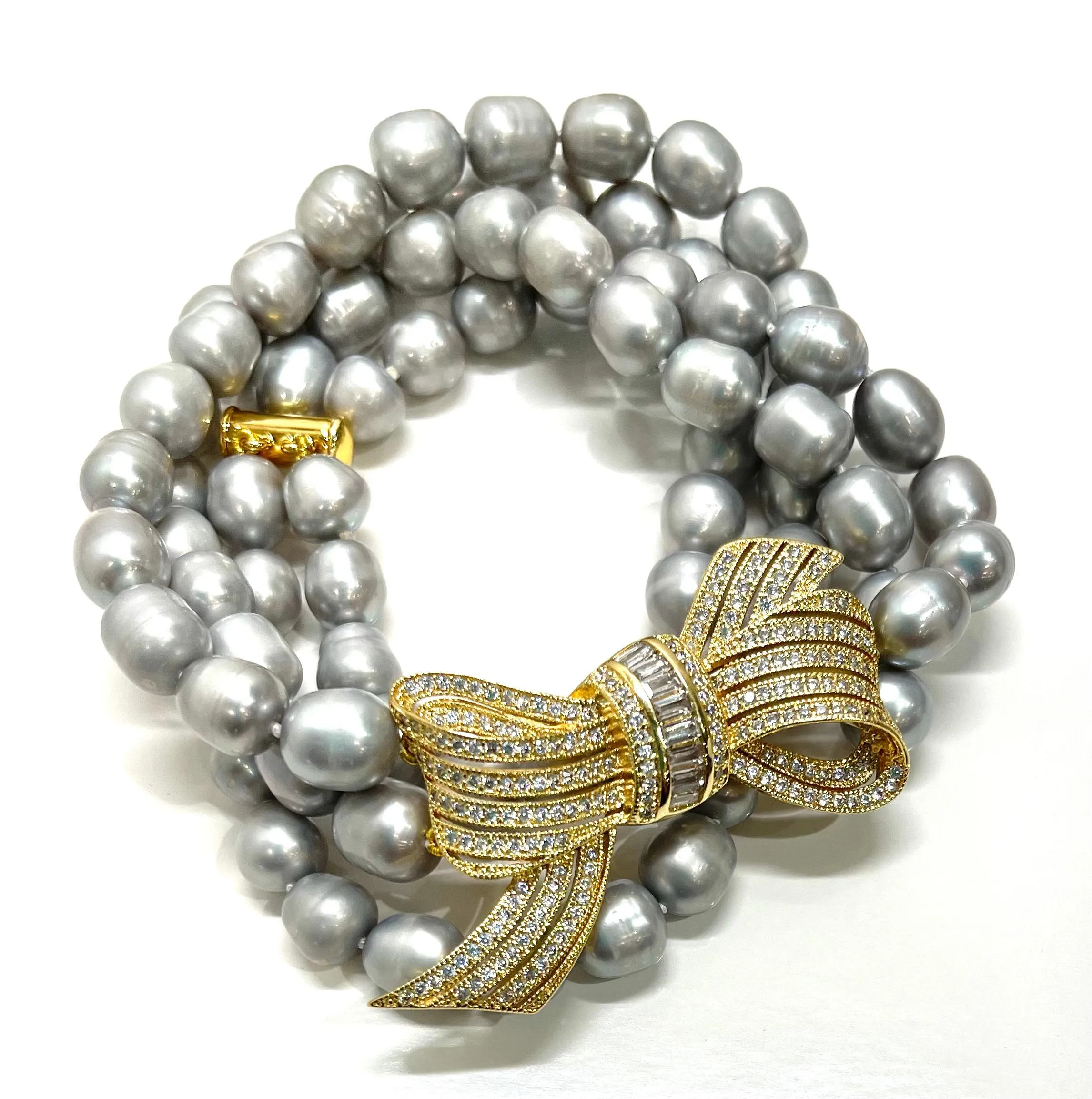 Luminous Gray Pearl Gold Pave Bow Pendant Statement Necklace 20"