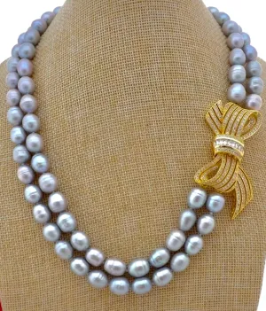 Luminous Gray Pearl Gold Pave Bow Pendant Statement Necklace 20"