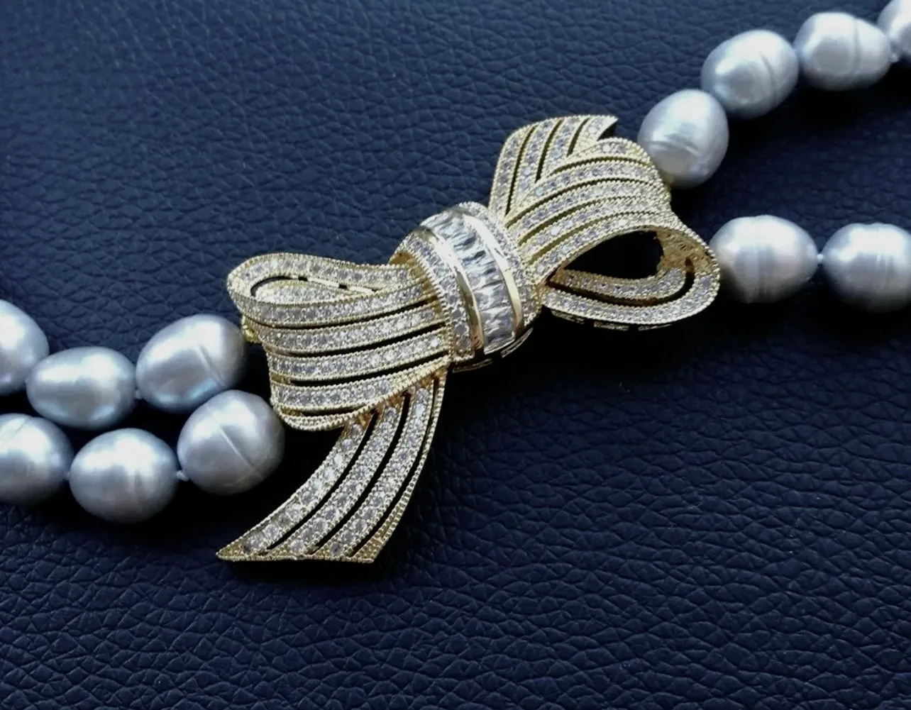 Luminous Gray Pearl Gold Pave Bow Pendant Statement Necklace 20"