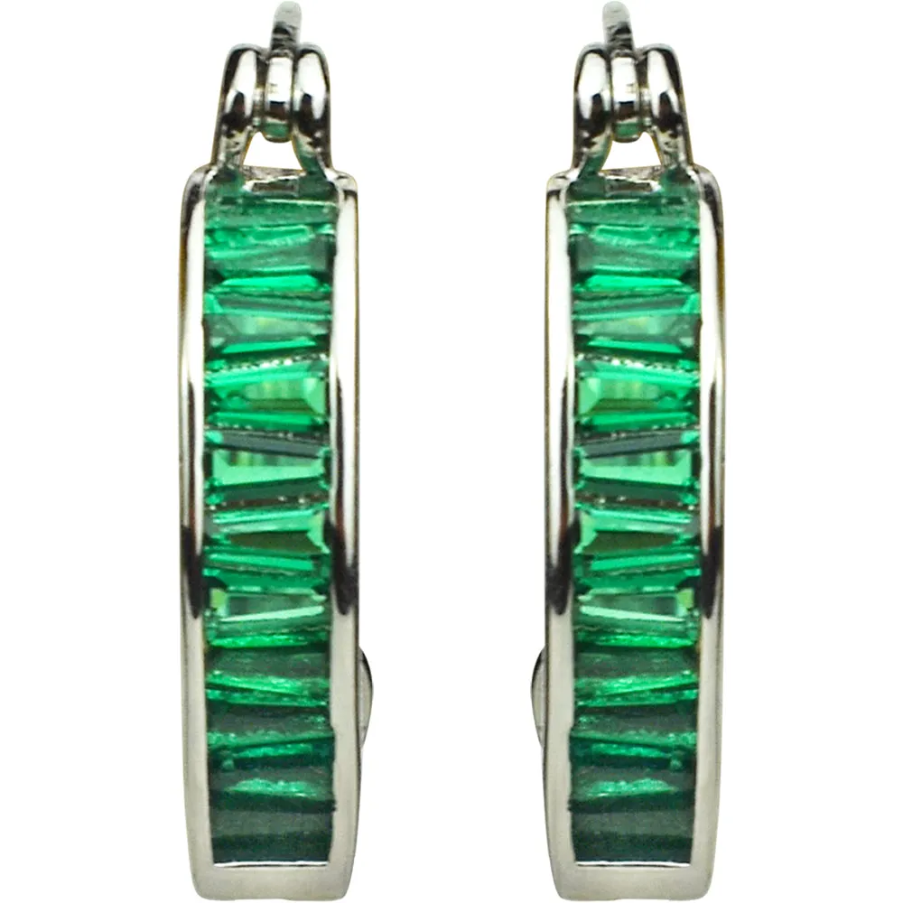 Magic Memories Tapered Baguette CZ Hoop Pierced Earrings (Silvertone/Emerald)