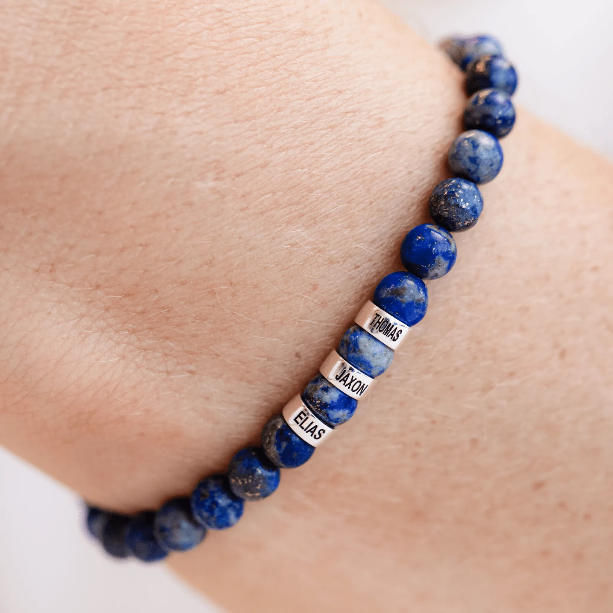 Men's Blue Lapis Engravable Bead Bracelet - 14K White Gold