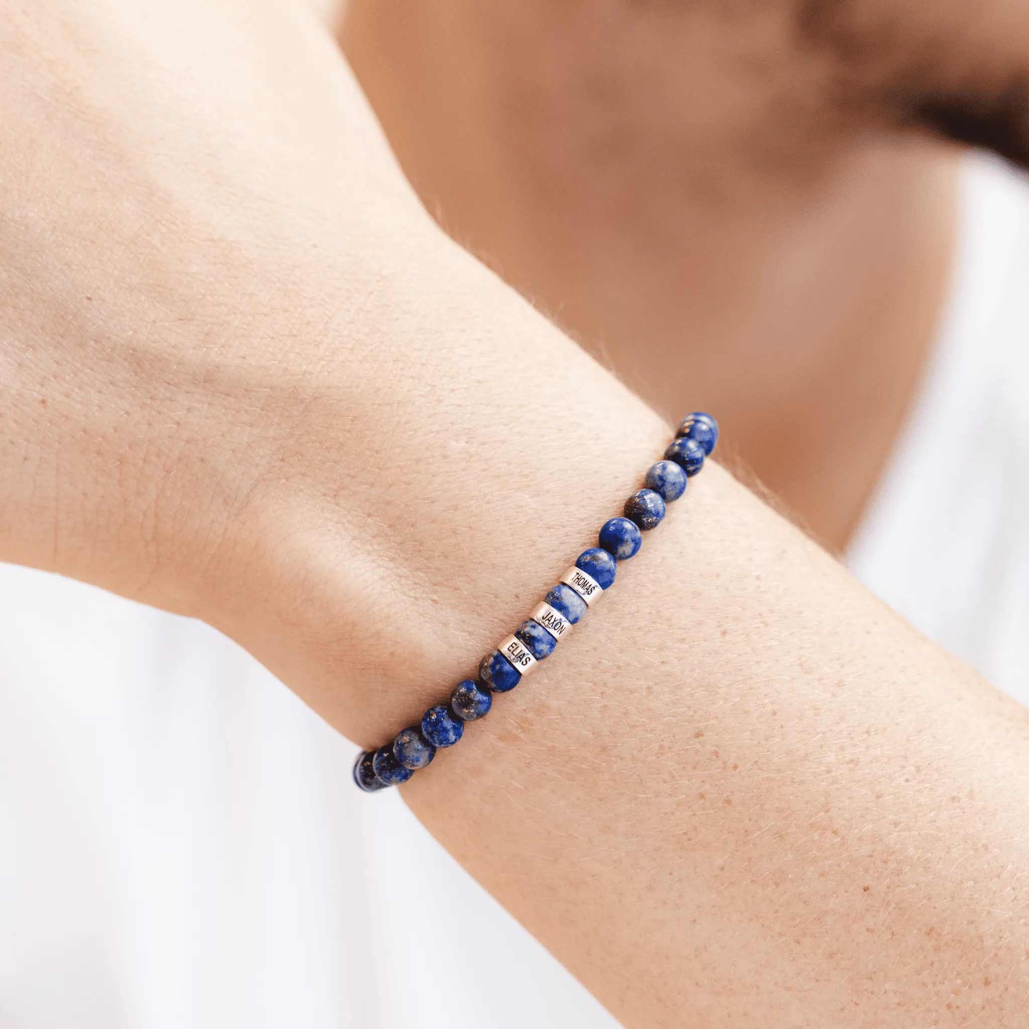 Men's Blue Lapis Engravable Bead Bracelet - 14K White Gold