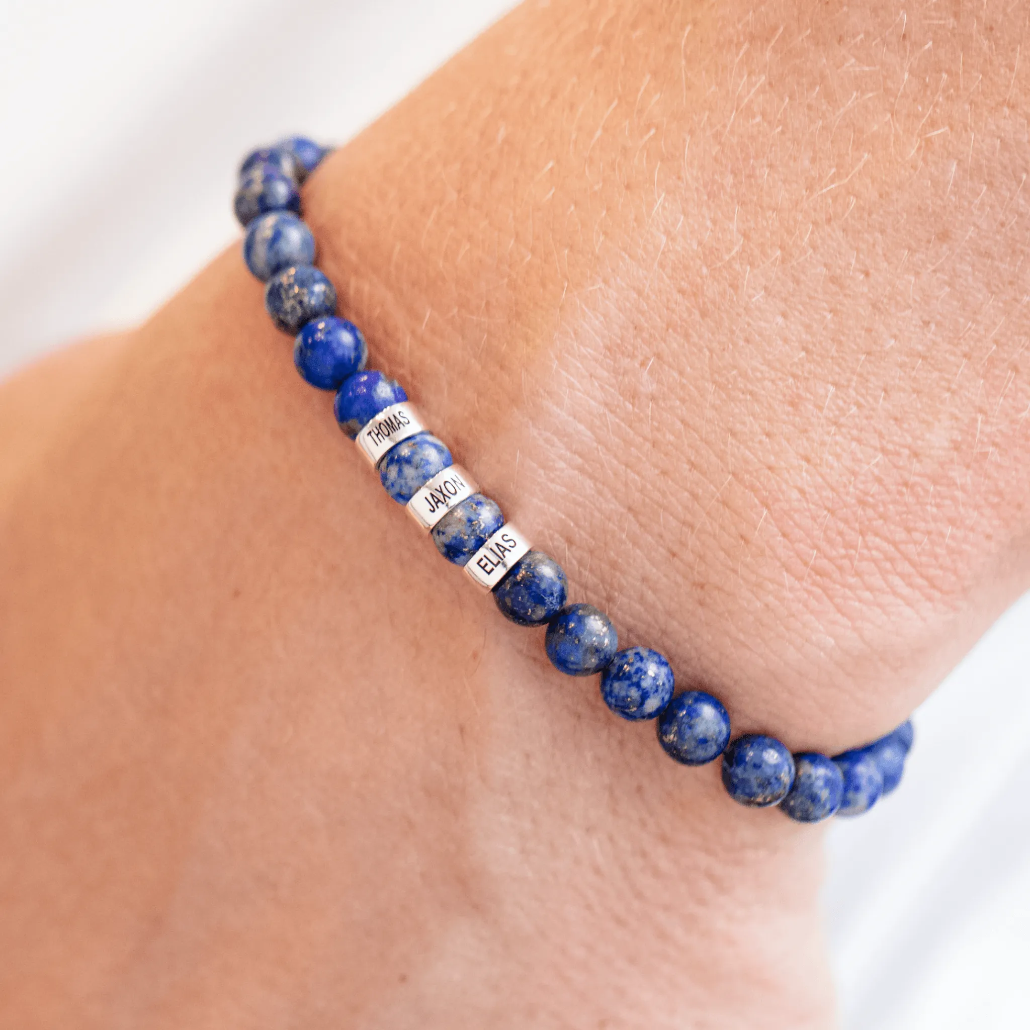 Men's Blue Lapis Engravable Bead Bracelet - 14K White Gold