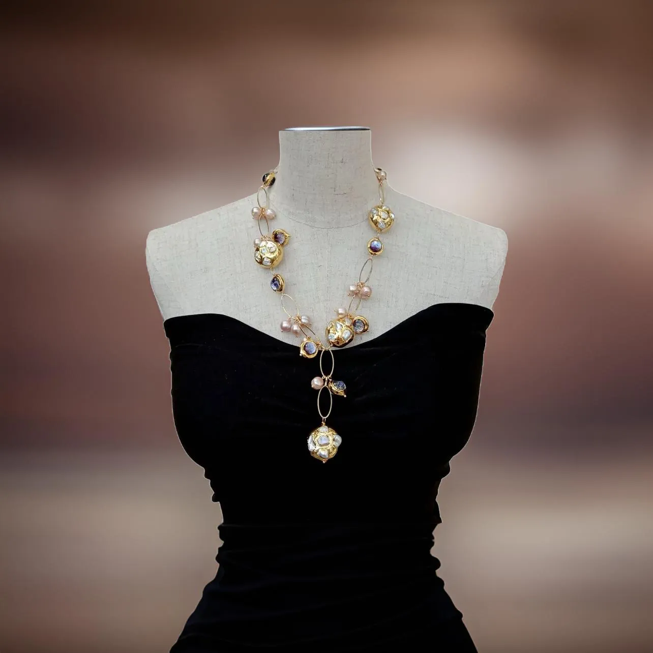 Mesmerizing Purple Murano Baubles and Pearls 22" Gold Chain Statement Necklace 21"