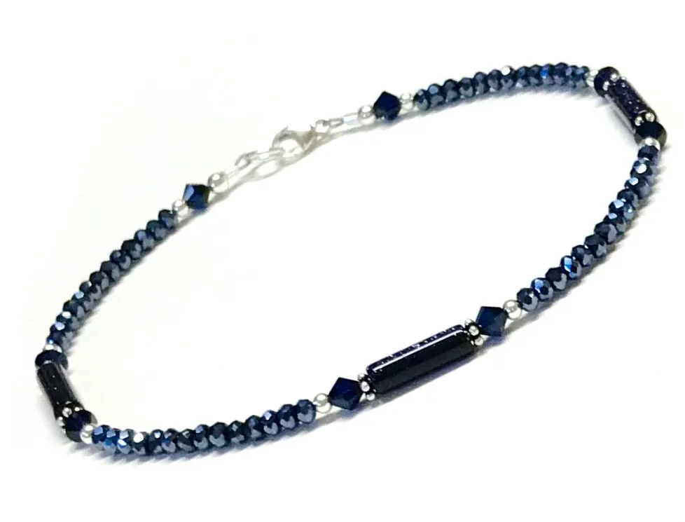 Midnight Blue Anklet - Blue Goldstone - Sterling Silver - Anklet for Women - 9 - 10 - 11 - 12 Inch