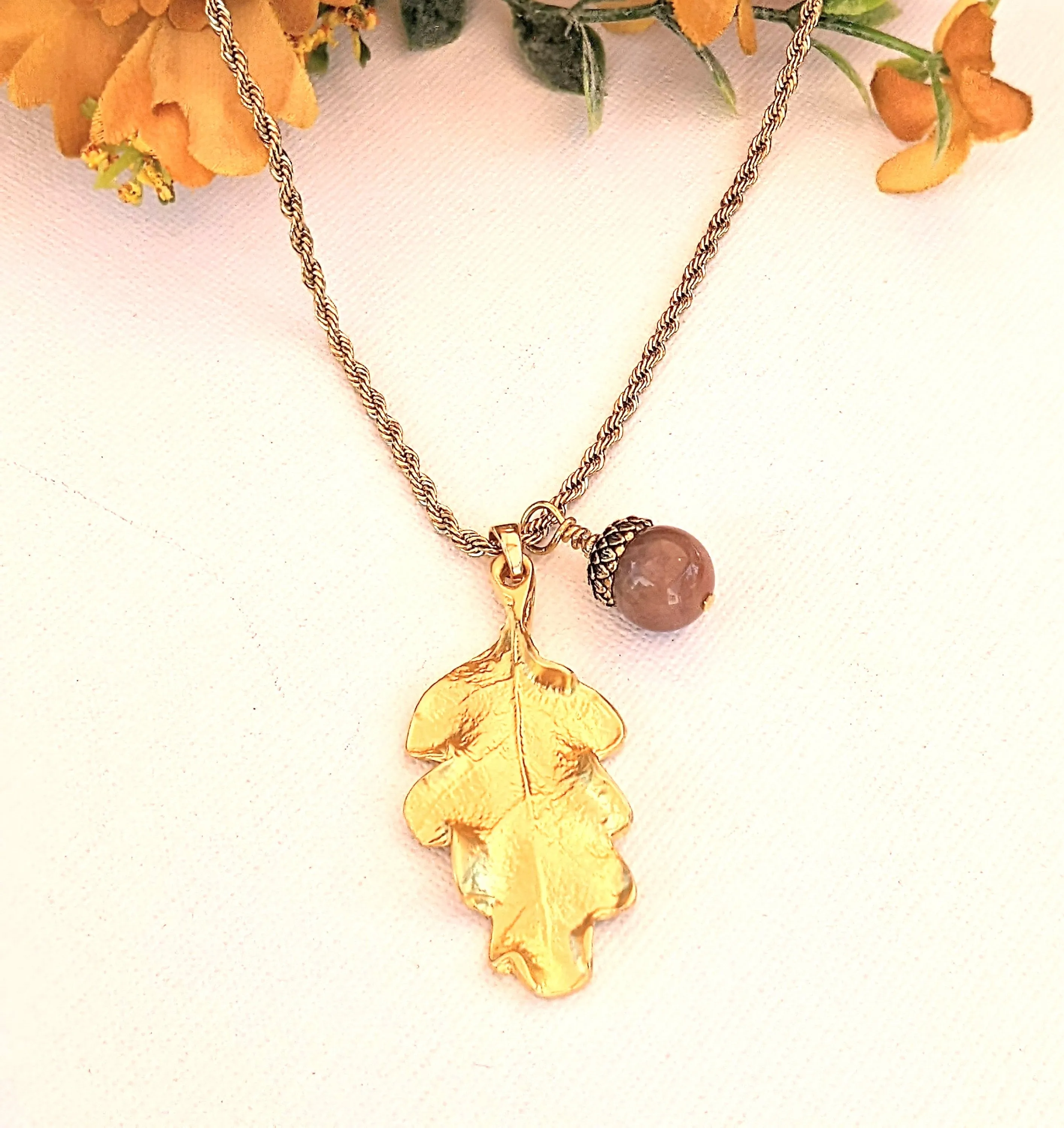 Moonstone Acorn Oak Leaf Necklace, Gold
