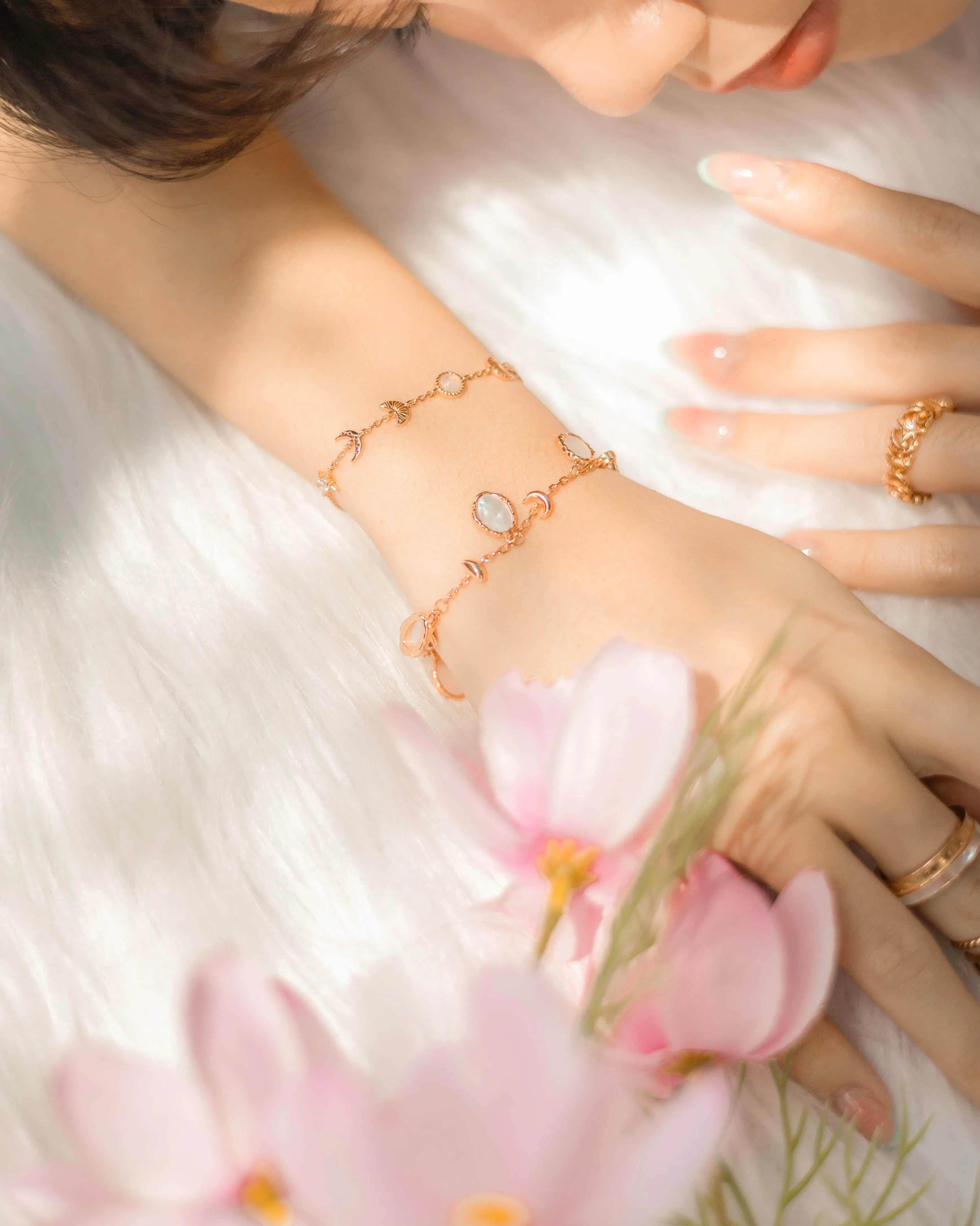 Moonstone Gold Bracelet - Moon Phases
