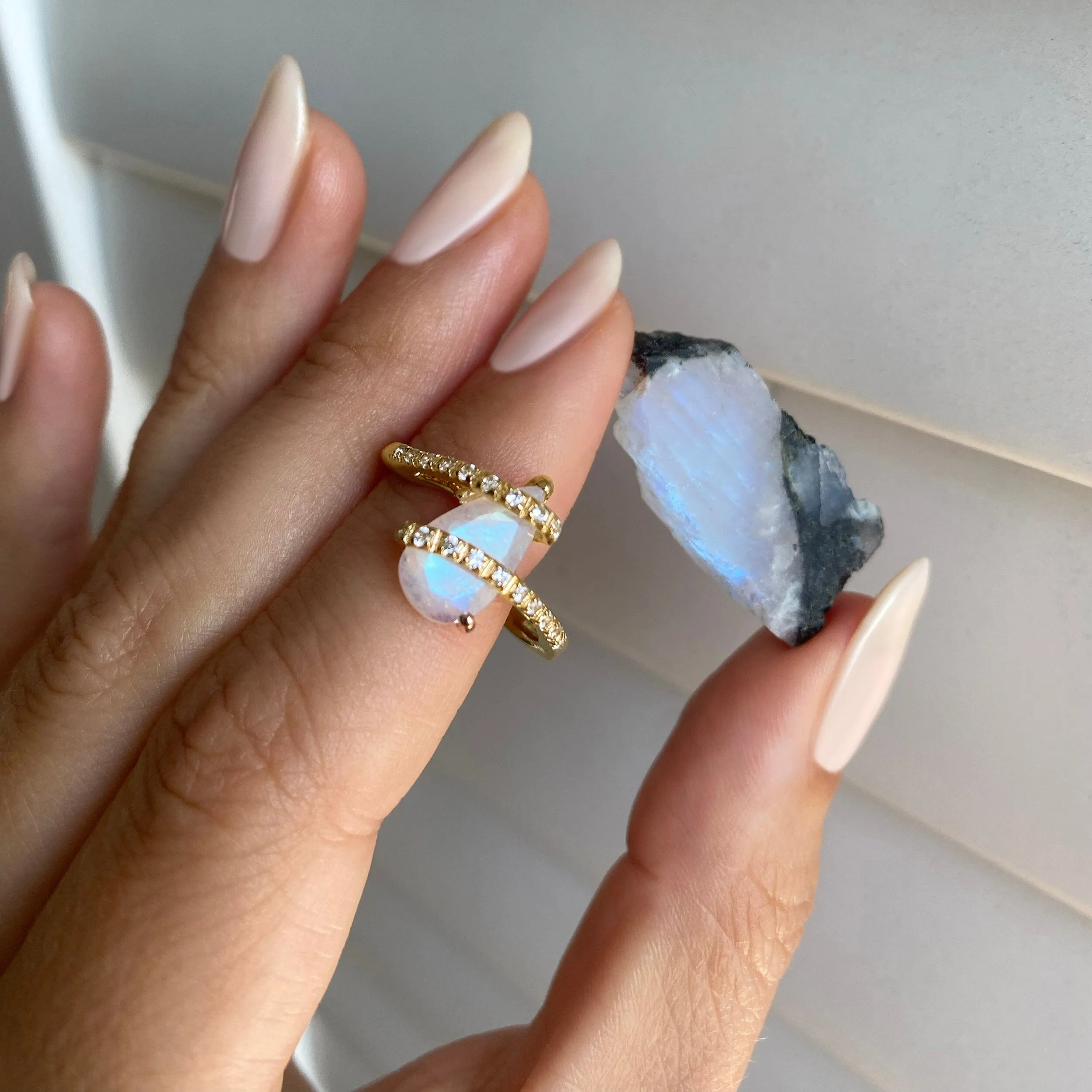 Moonstone White Zircon Ring - Bypass