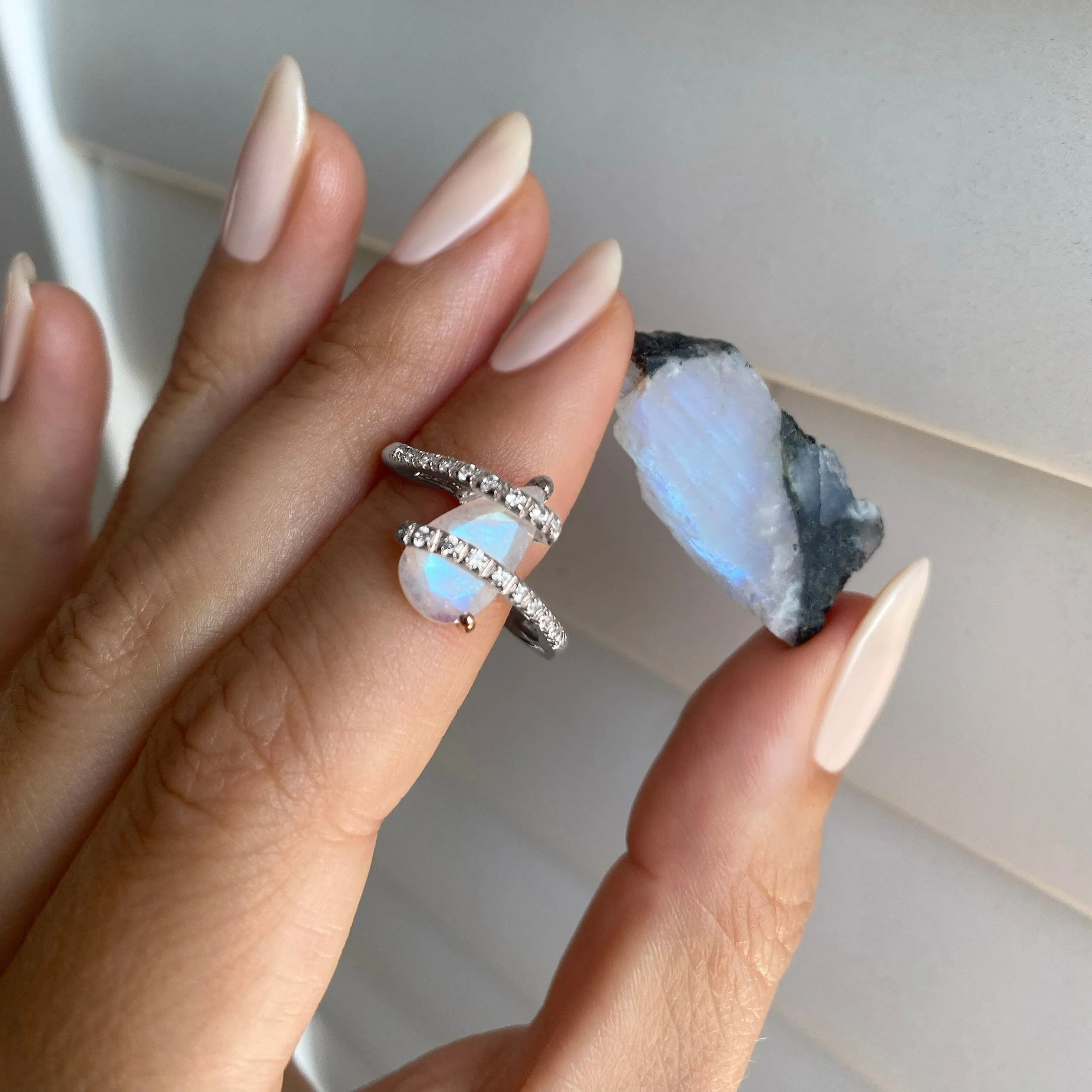 Moonstone White Zircon Ring - Bypass
