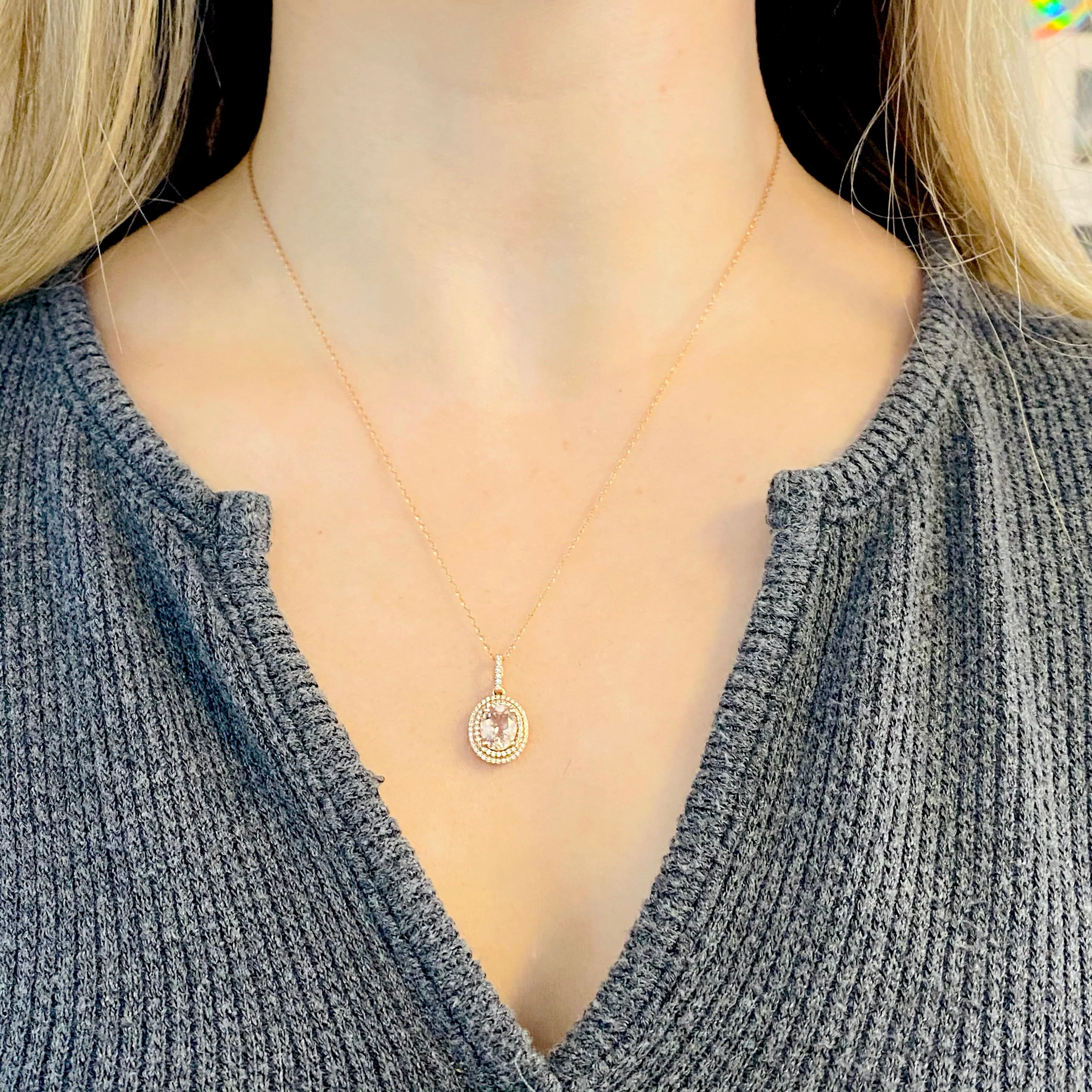 Morganite Double Diamond Halo Necklace