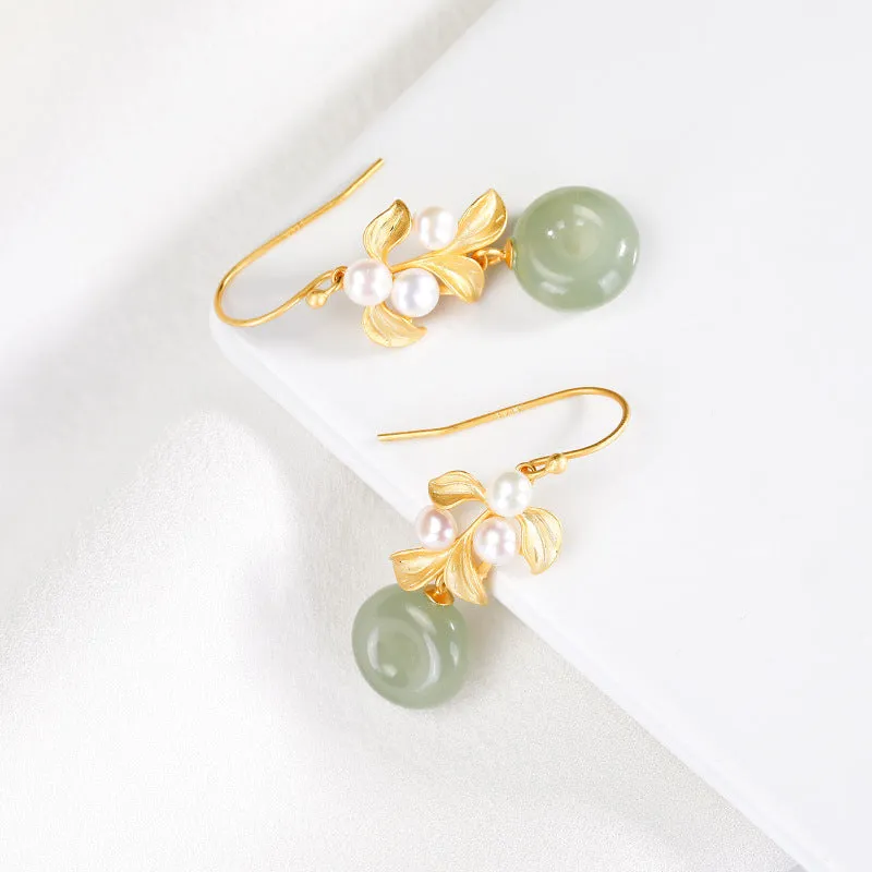Natural Jade Earrings Nephrite Pearl Silver Earrings ZNE366