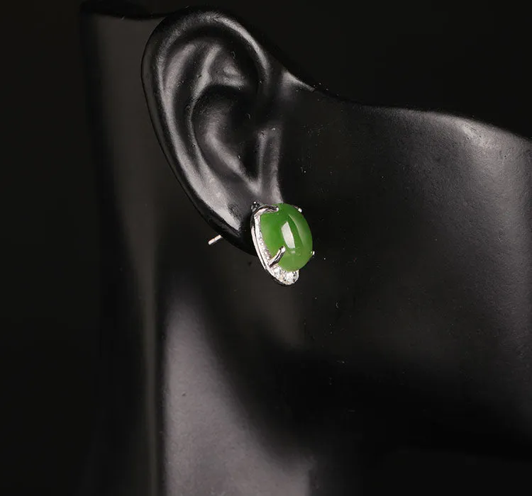 Natural Jade Earrings Nephrite Silver Earrings ZEG519