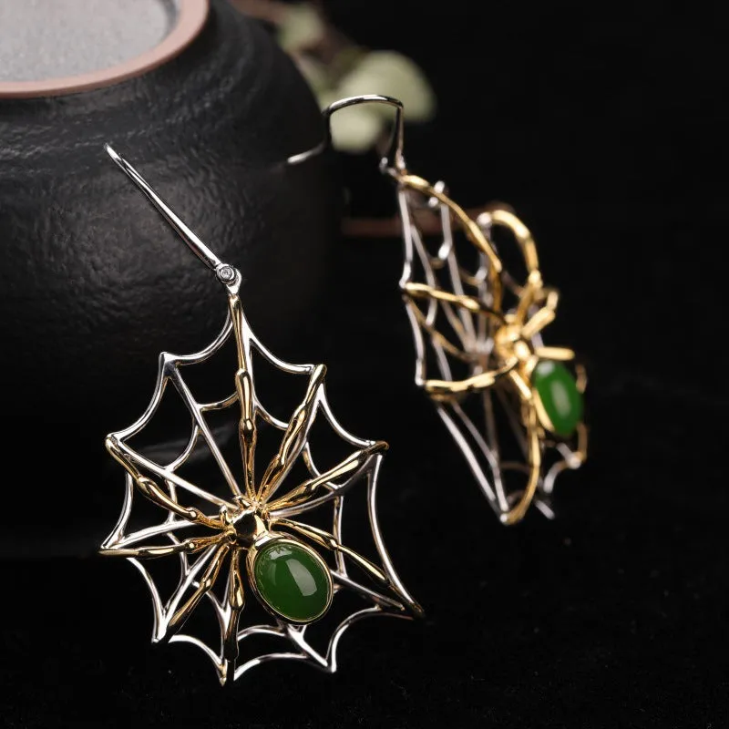 Natural Jade Earrings Nephrite Silver Spider Earrings ZEG525