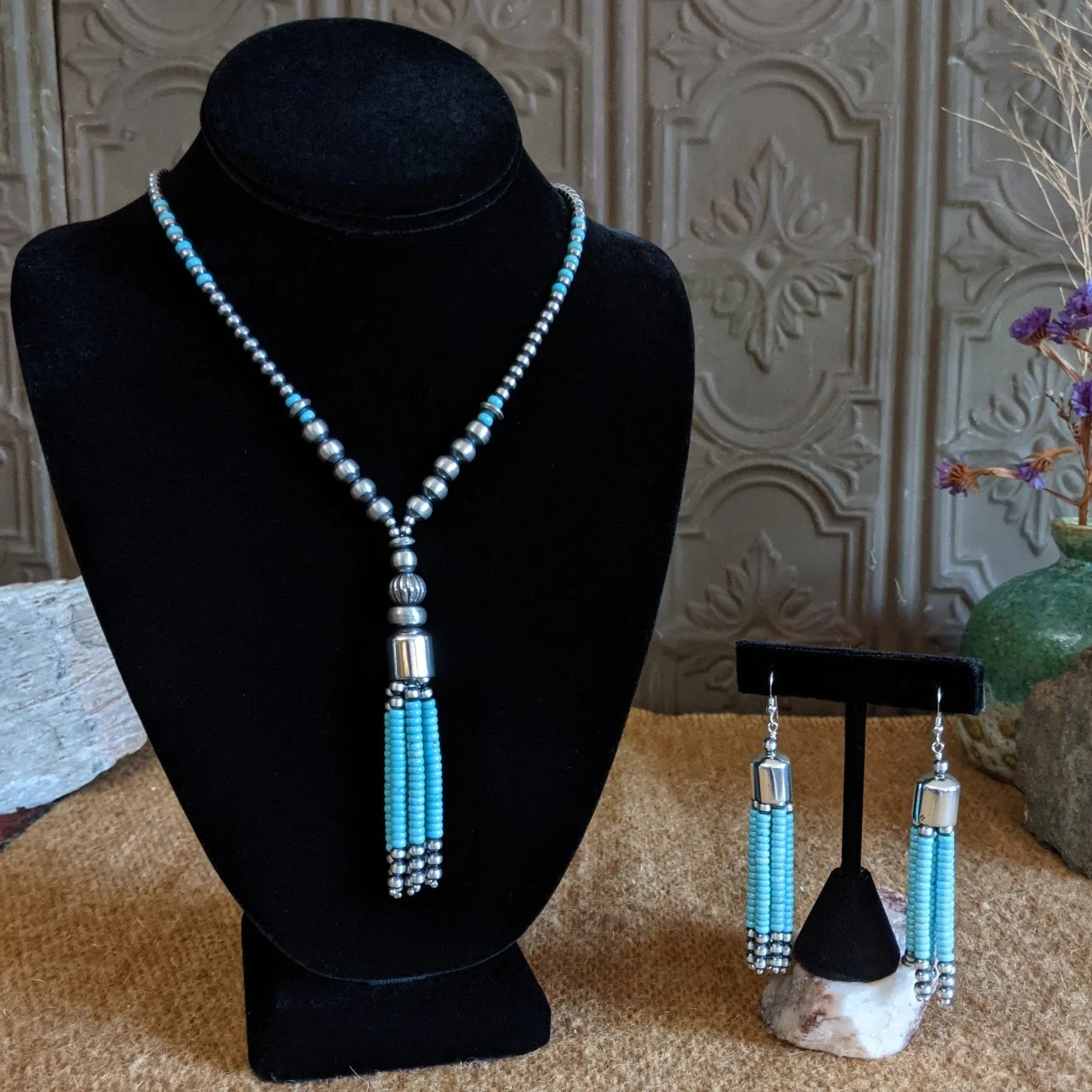 Navajo Turquoise & Sterling Silver Beads Necklace & Earrings Set GJ-JWS-0020