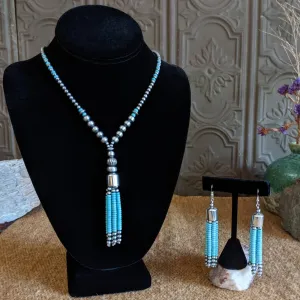 Navajo Turquoise & Sterling Silver Beads Necklace & Earrings Set GJ-JWS-0020