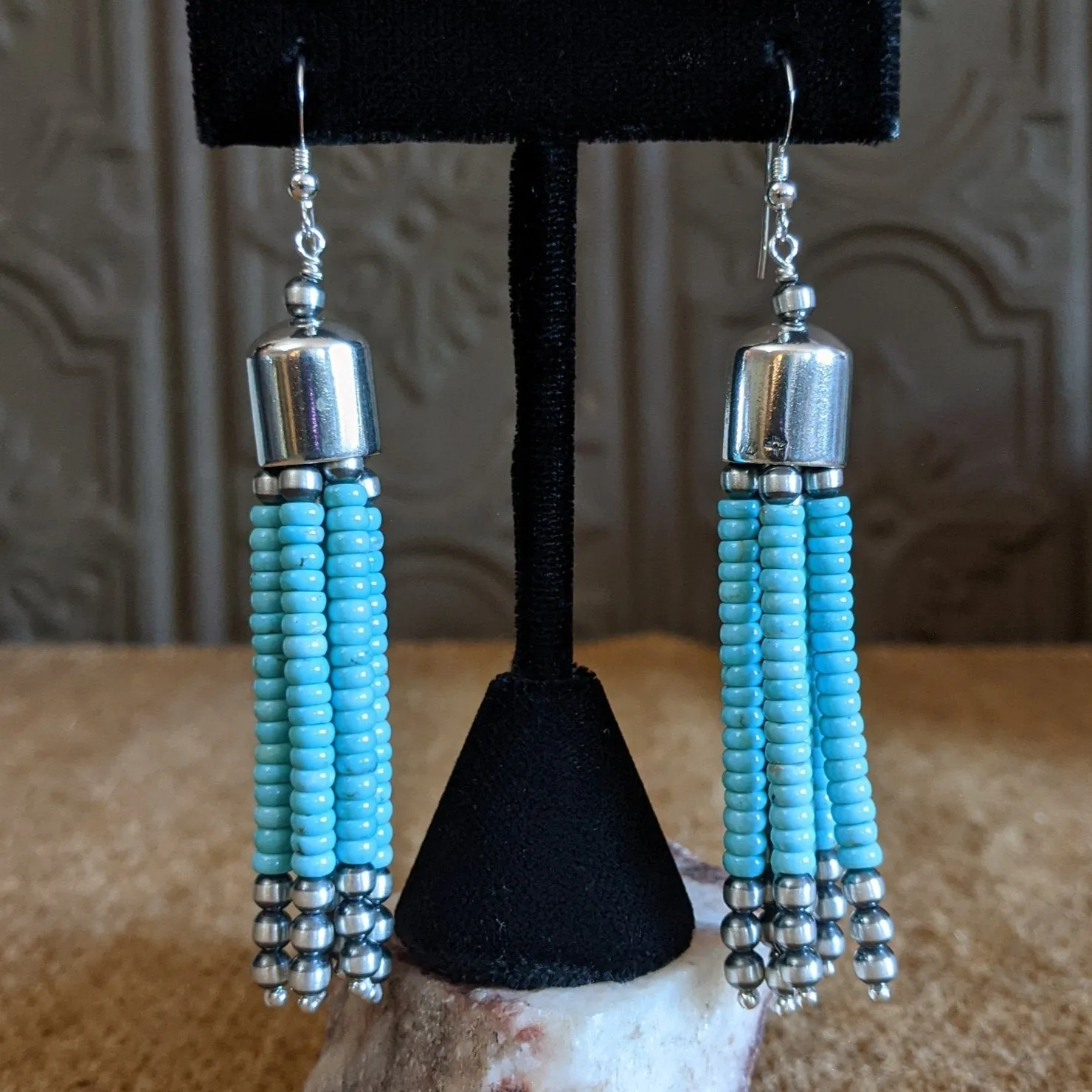 Navajo Turquoise & Sterling Silver Beads Necklace & Earrings Set GJ-JWS-0020