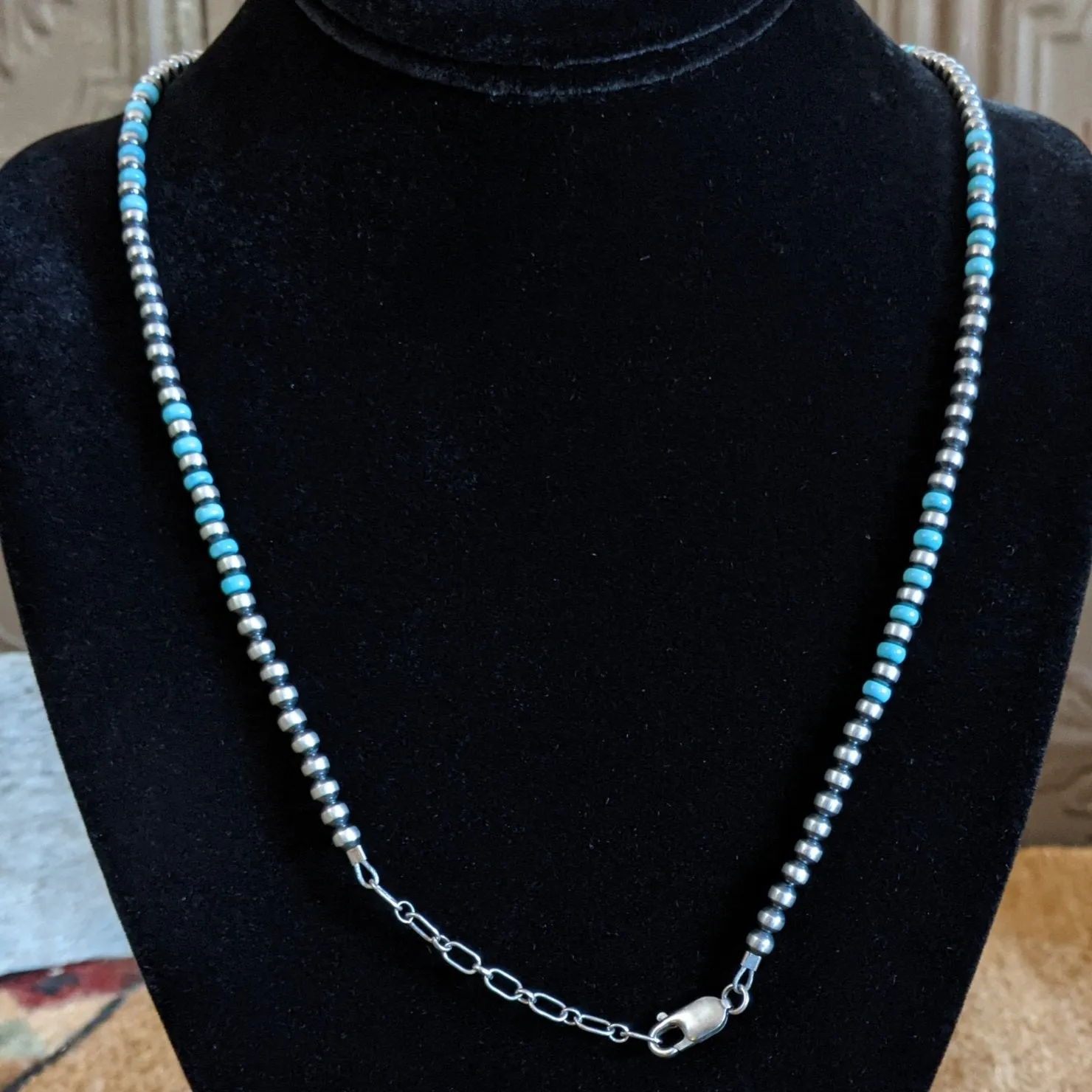 Navajo Turquoise & Sterling Silver Beads Necklace & Earrings Set GJ-JWS-0020