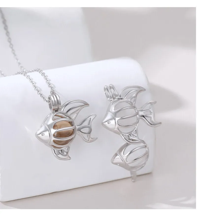 Necklace Pendant Blank Setting Fish Charm Box 22x25mm Sterling Silver Fine 925 For One Bead No Prong DIY Jewelry Finding Wholesale 1pc