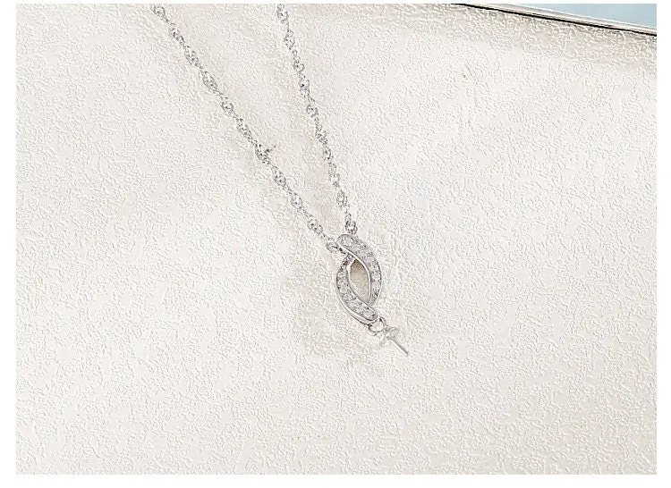 Necklace Pendant Blank Setting Leaf Charm 25mm Sterling Silver White Gold Fine 925 For One Pearl Prong DIY Jewelry Finding Wholesale 1pc