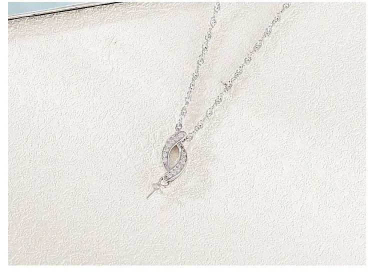 Necklace Pendant Blank Setting Leaf Charm 25mm Sterling Silver White Gold Fine 925 For One Pearl Prong DIY Jewelry Finding Wholesale 1pc