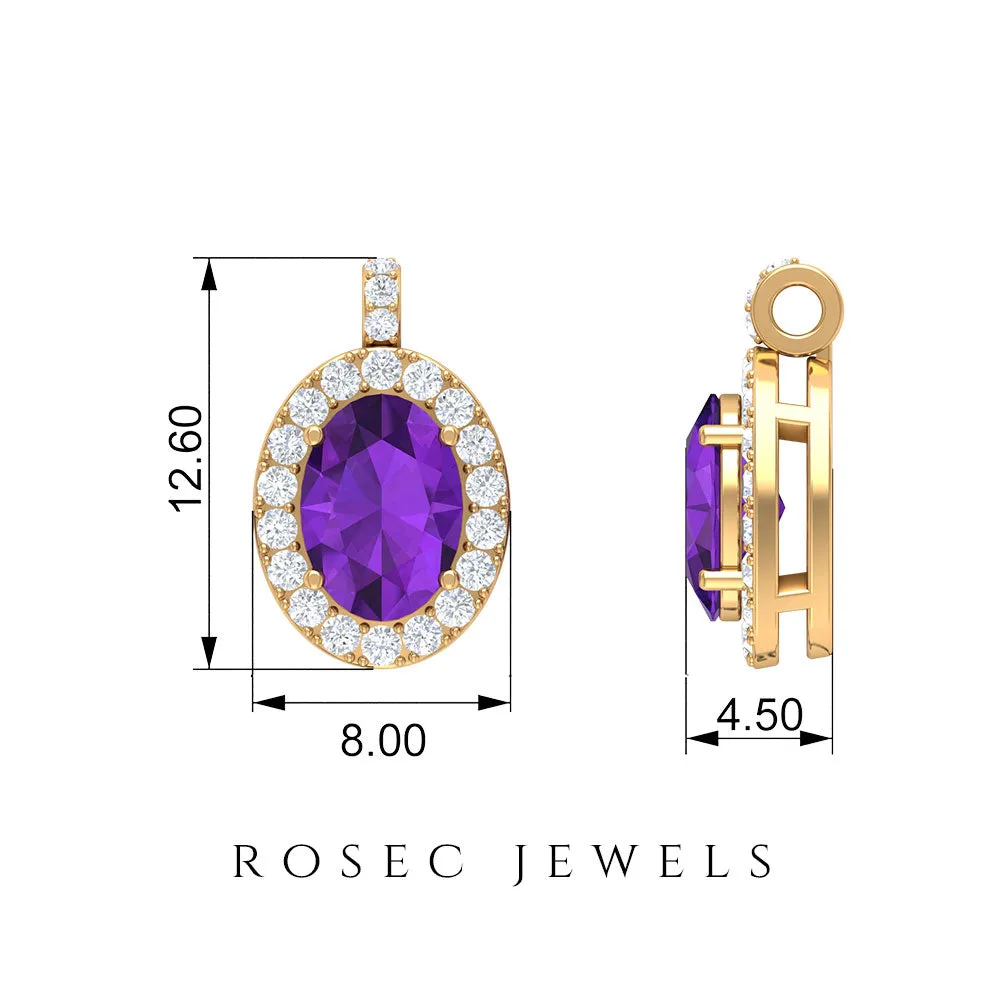 Oval Cut Amethyst and Diamond Halo Pendant