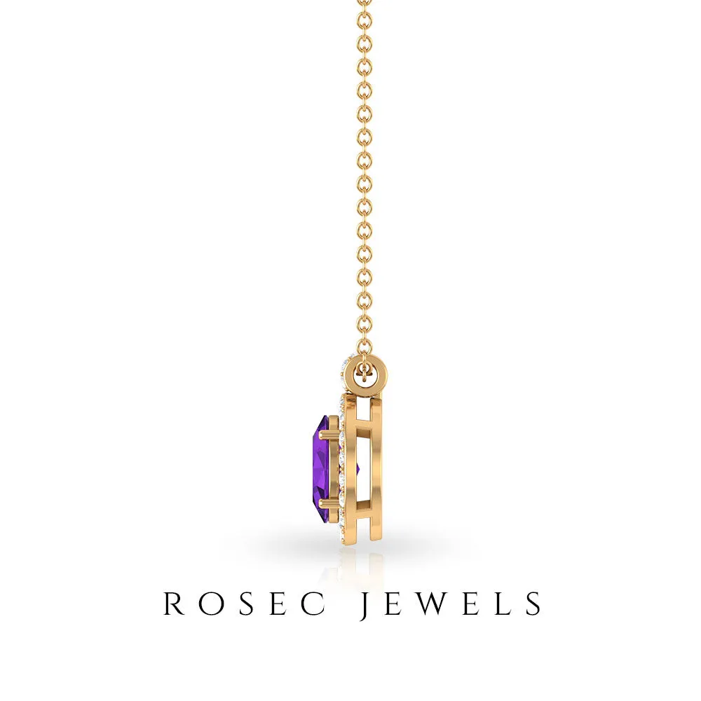 Oval Cut Amethyst and Diamond Halo Pendant