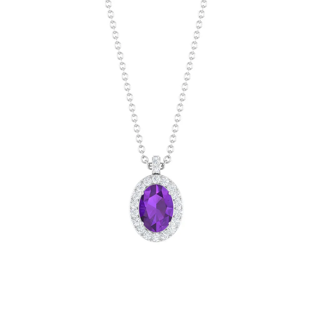 Oval Cut Amethyst and Diamond Halo Pendant