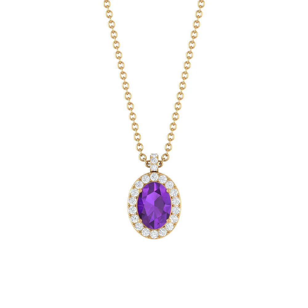 Oval Cut Amethyst and Diamond Halo Pendant