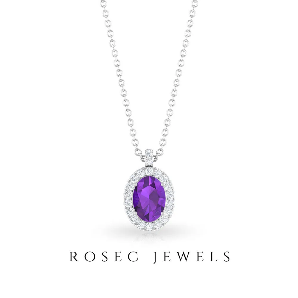 Oval Cut Amethyst and Diamond Halo Pendant