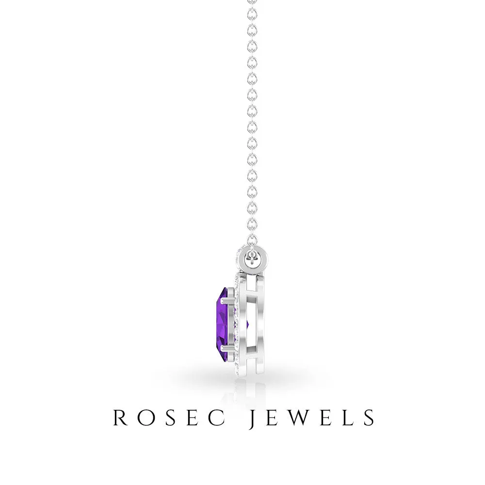 Oval Cut Amethyst and Diamond Halo Pendant