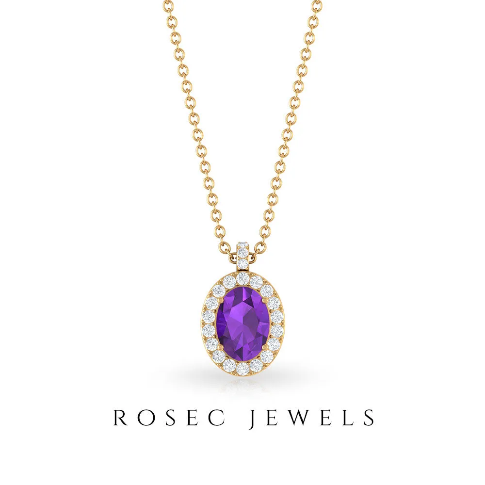 Oval Cut Amethyst and Diamond Halo Pendant