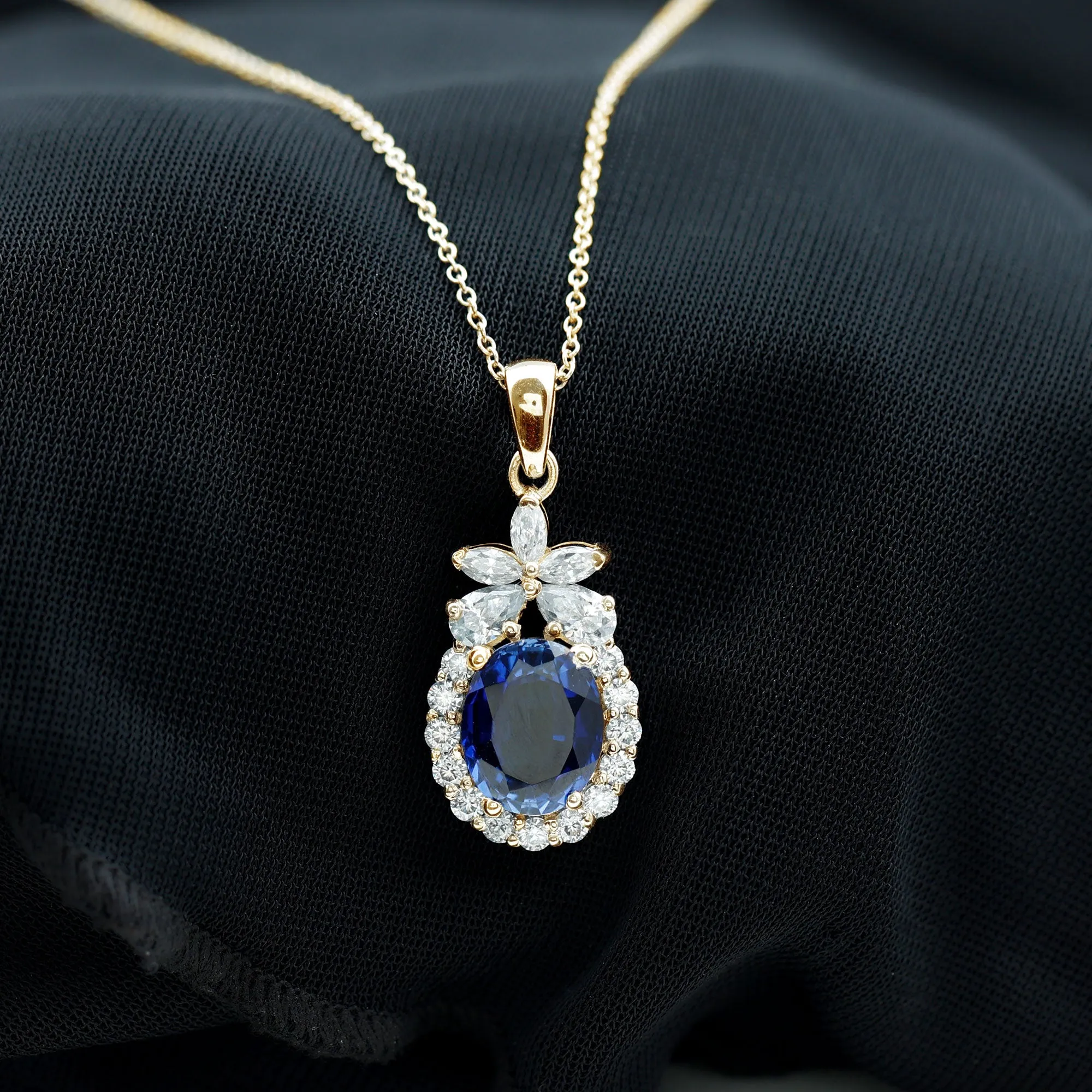 Oval Cut Created Blue Sapphire and Moissanite Floral Statement Pendant