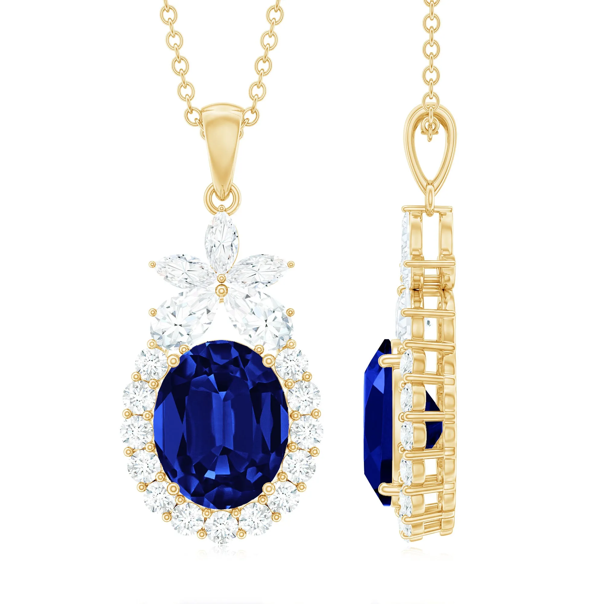 Oval Cut Created Blue Sapphire and Moissanite Floral Statement Pendant