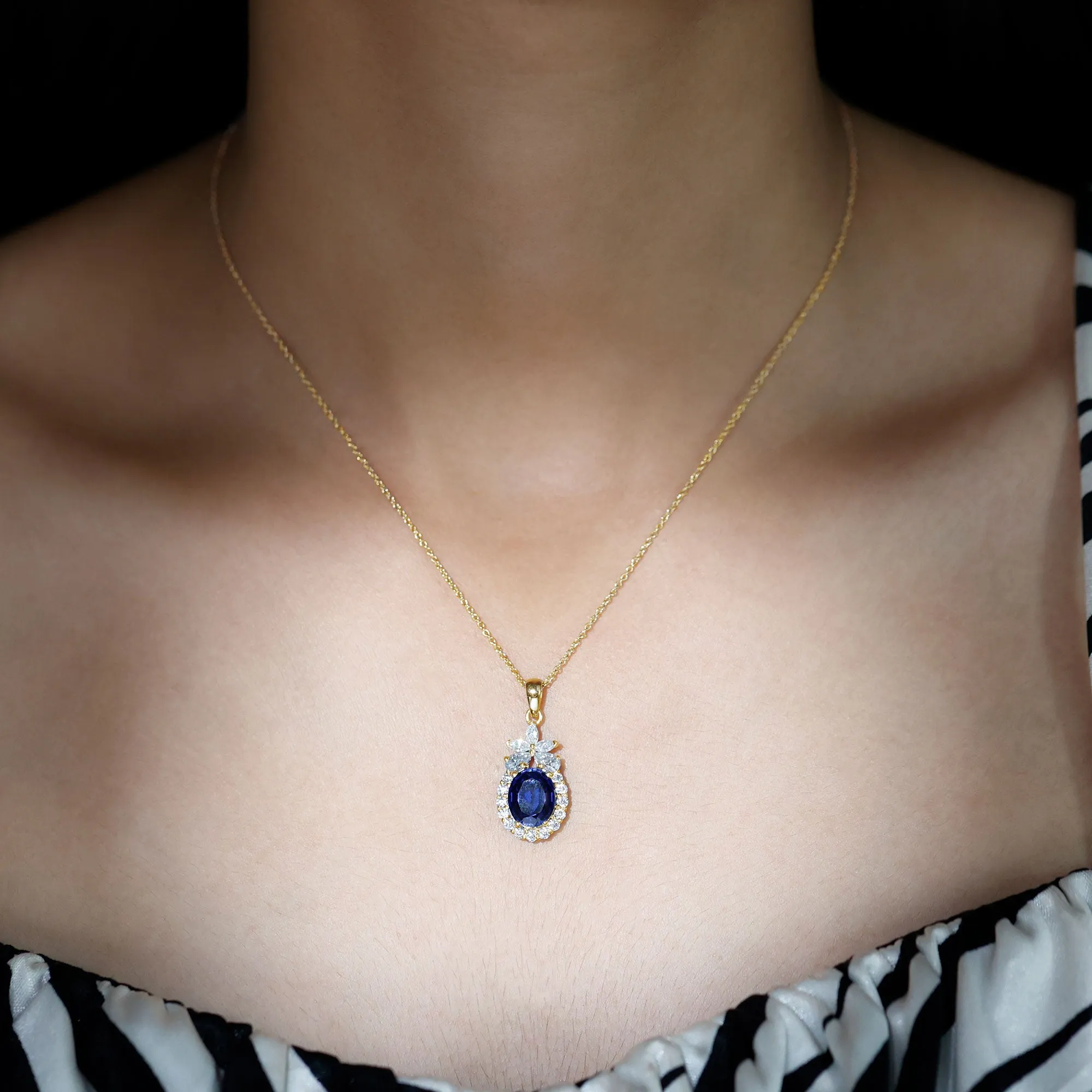 Oval Cut Created Blue Sapphire and Moissanite Floral Statement Pendant
