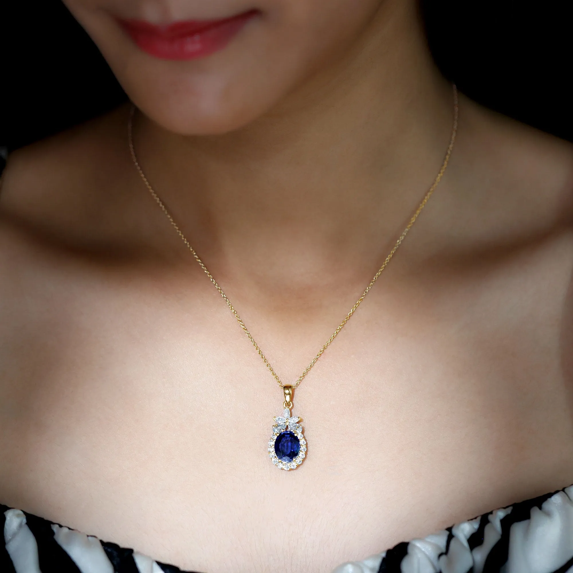 Oval Cut Created Blue Sapphire and Moissanite Floral Statement Pendant